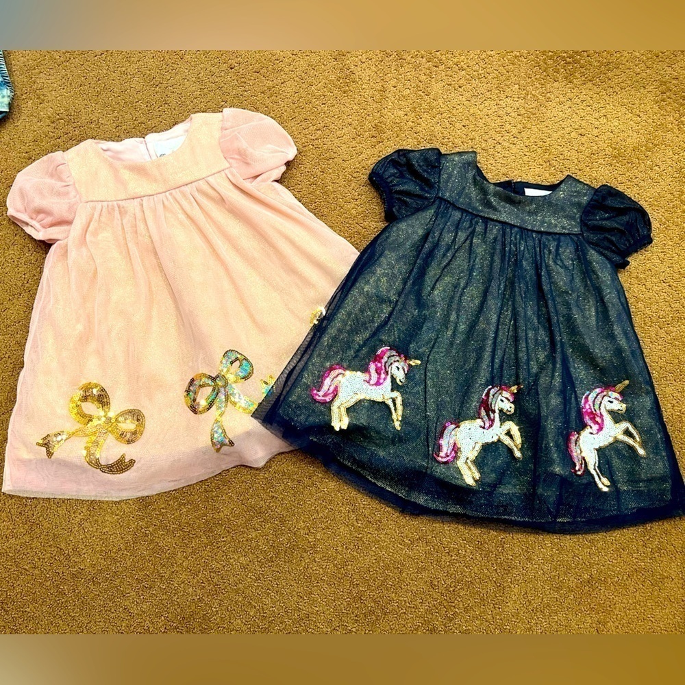 Bundle of 2 Rare Editions Girls Babydoll Sparkle Dresses Unicorns Size 12M